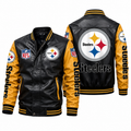 **Title:** Men’s Black & Gold Leather Varsity Jacket – Steelers Inspired Motorcycle Bomber Jacket
