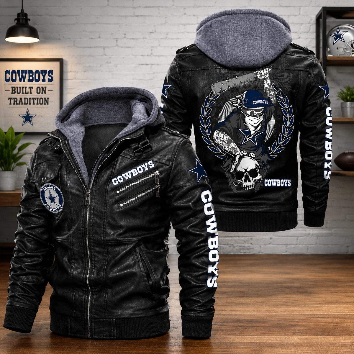 Dallas Cowboys Leather Hooded Jacket – Black Motorcycle Style NFL Fan Jacket