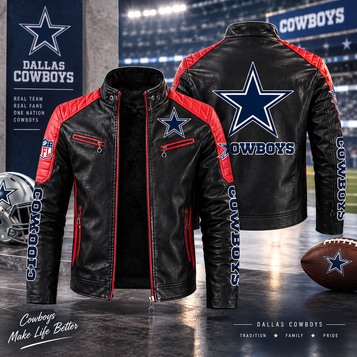 Dallas Cowboys Leather Motorcycle Jacket – Black & Red NFL Fan Jacket