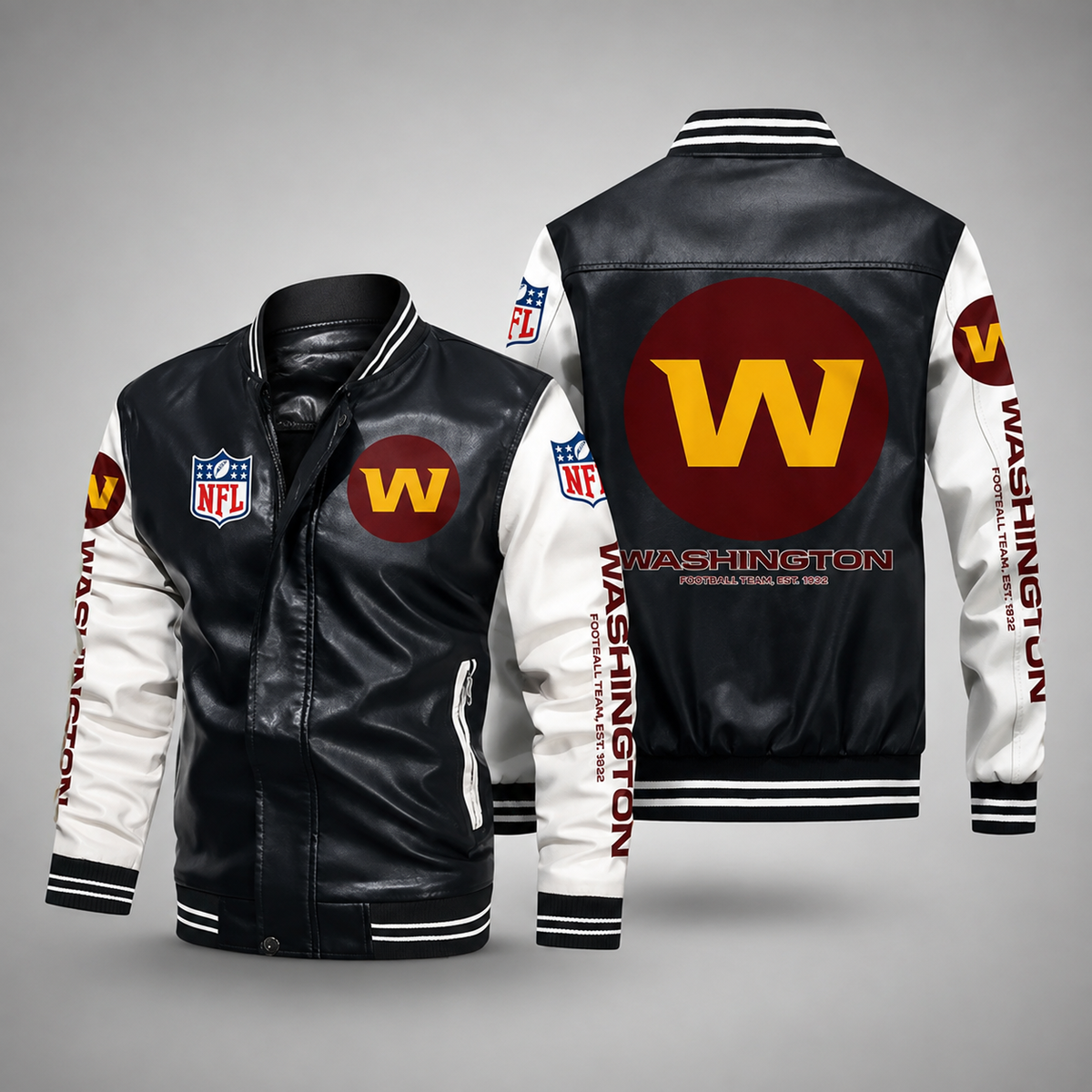Washington Commanders Black & White Leather Varsity Jacket – Men’s NFL Football Bomber Jacket