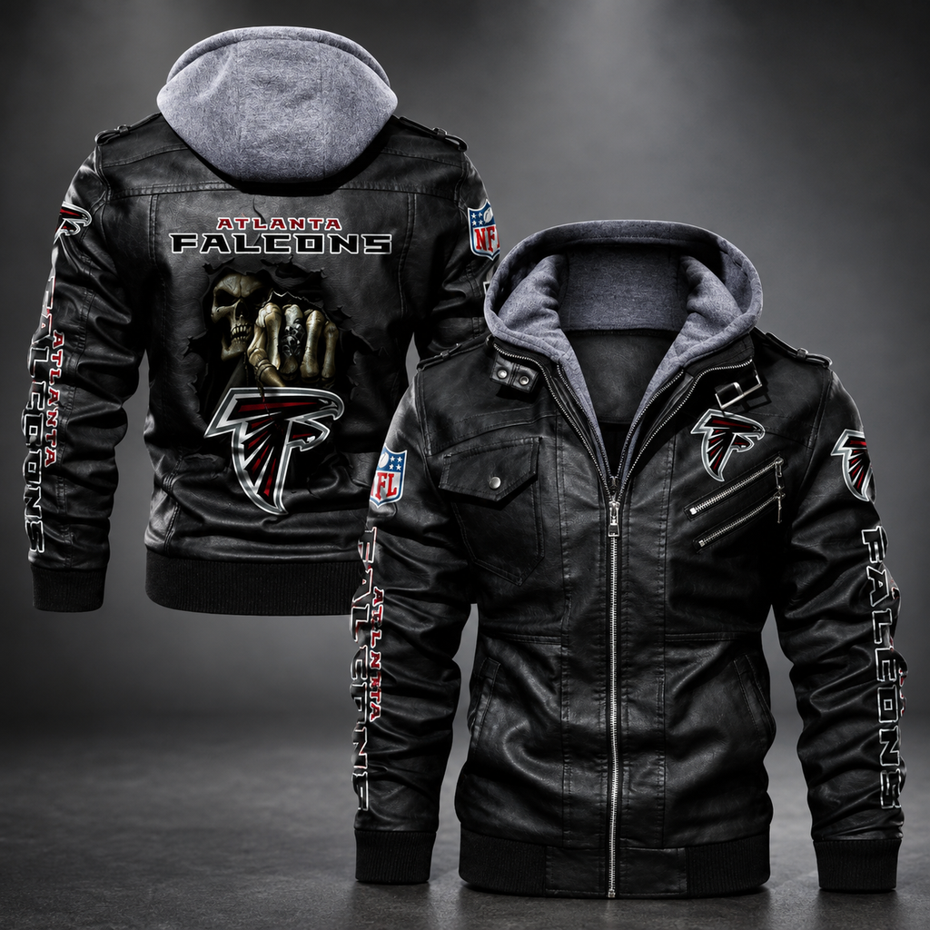 Atlanta Falcons Hooded Faux Leather Jacket Black Full Zip NFL Fan Motorcycle Biker Coat**