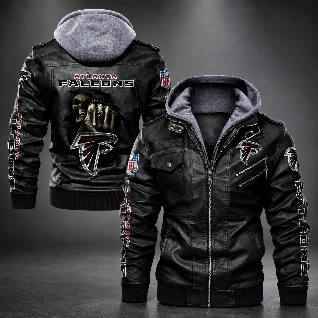 Atlanta Falcons Hooded Faux Leather Jacket Black Full Zip NFL Fan Motorcycle Biker Coat**