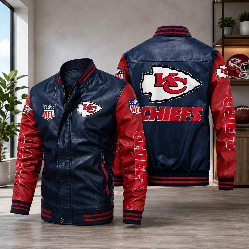 Kansas City Chiefs Leather Varsity Jacket – Navy & Red NFL Fan Bomber Jacket