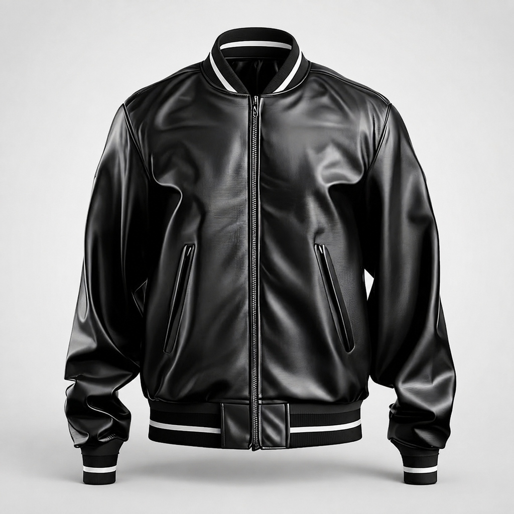 **Title:** Men’s Black Faux Leather Bomber Jacket with Striped Ribbed Collar and Cuffs