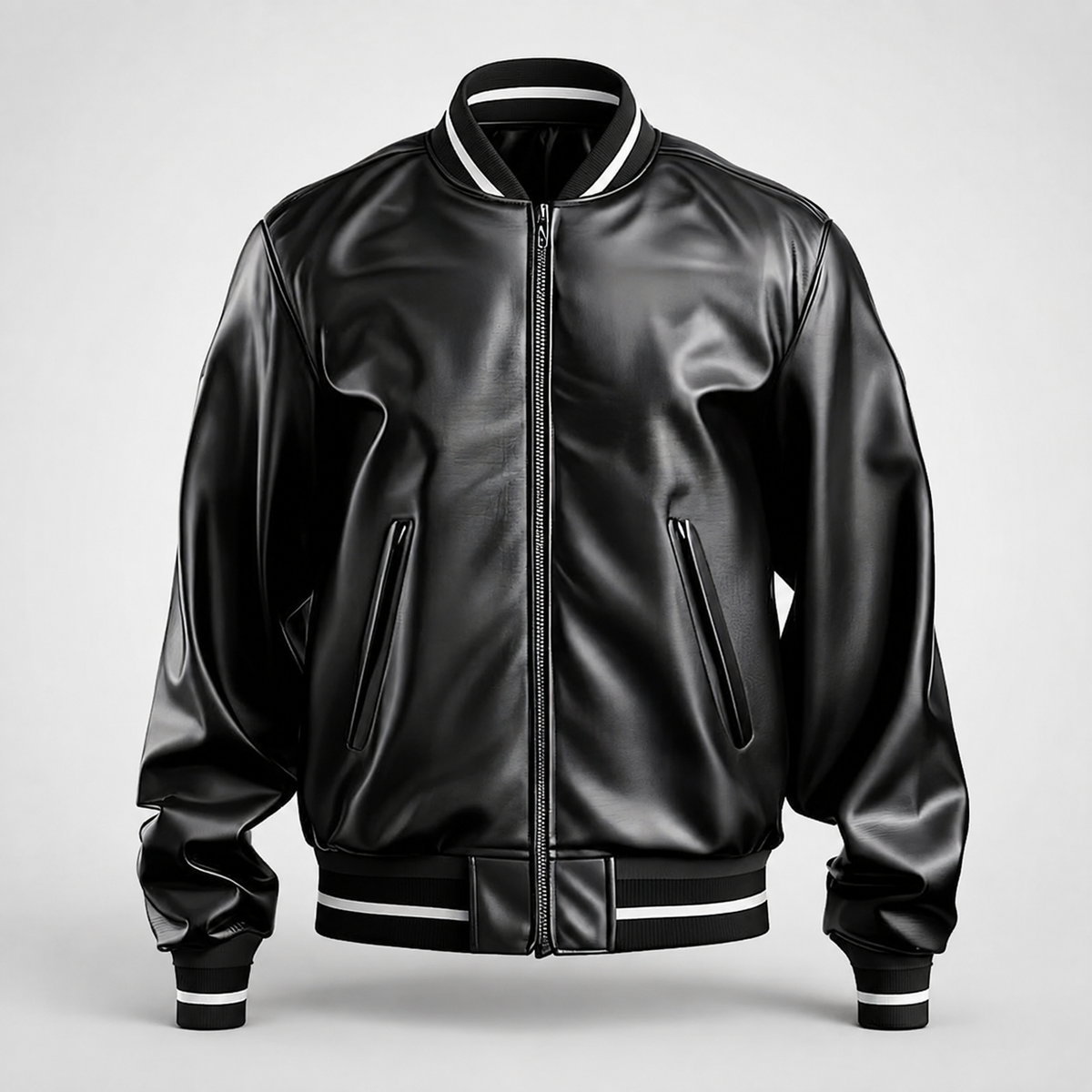 **Title:** Men’s Black Faux Leather Bomber Jacket with Striped Ribbed Collar and Cuffs
