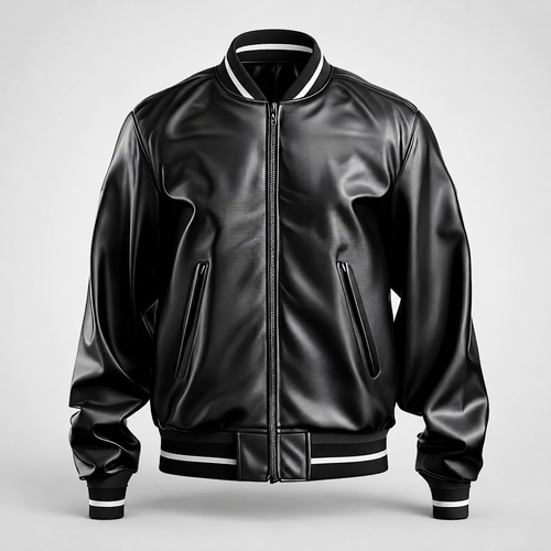 **Title:** Men’s Black Faux Leather Bomber Jacket with Striped Ribbed Collar and Cuffs