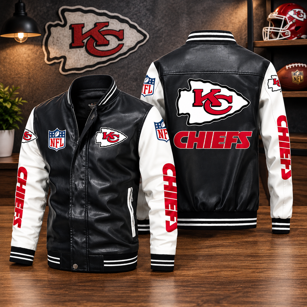 Kansas City Chiefs Black & White Leather Varsity Jacket – Men’s NFL Football Bomber Jacket