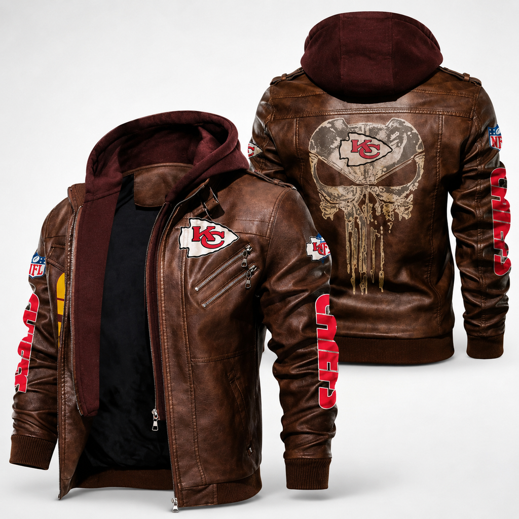 Kansas City Chiefs Brown Leather-Look Hooded Jacket – Distressed Motorcycle Style NFL Fan Jacket
