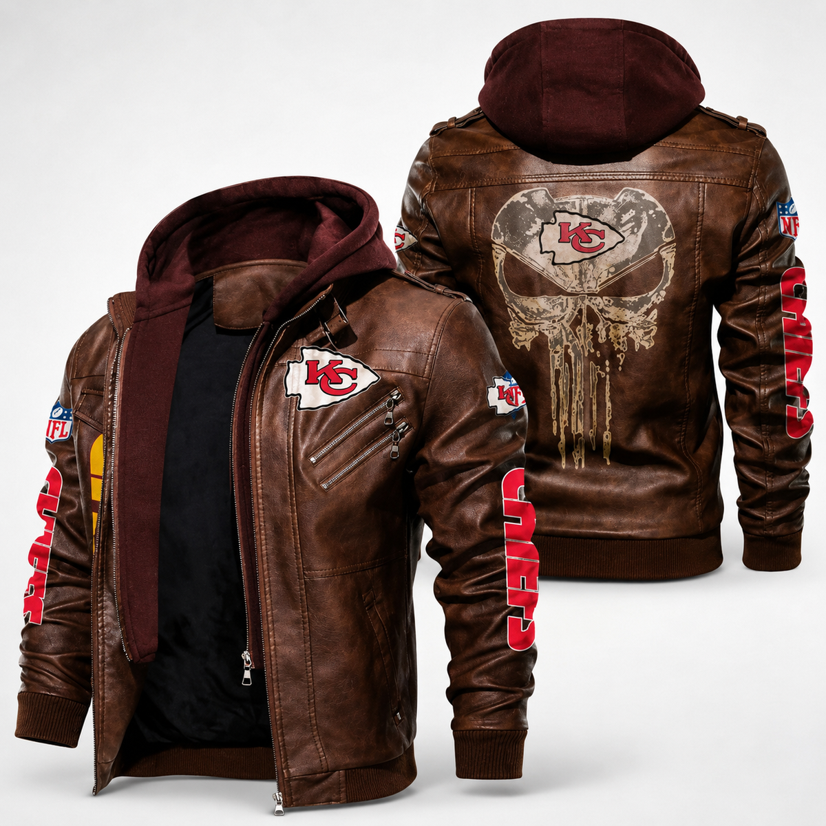 Kansas City Chiefs Brown Leather-Look Hooded Jacket – Distressed Motorcycle Style NFL Fan Jacket