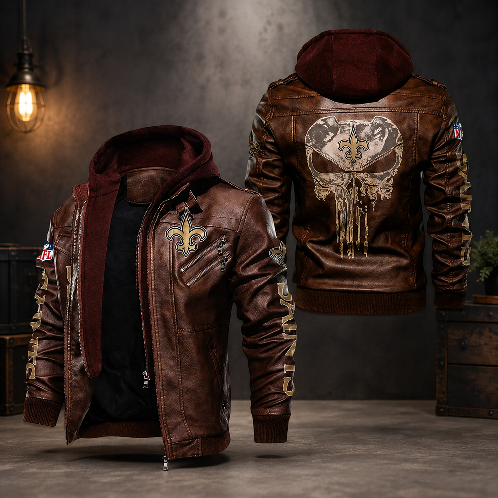 Men's Brown Leather Hooded Jacket – Distressed Biker Bomber Jacket with Fleur-De-Lis Design