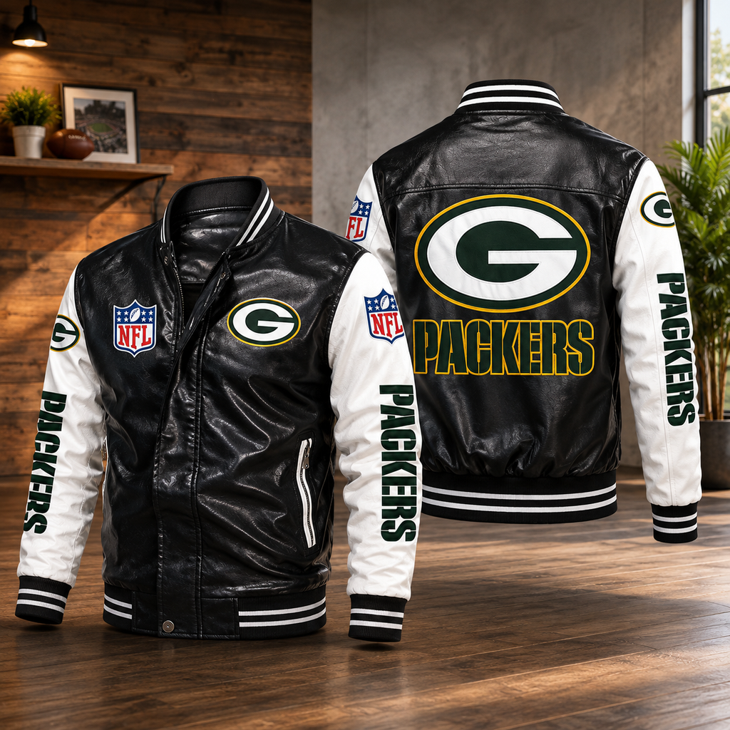 Green Bay Packers Black & White Leather Varsity Jacket – NFL Bomber Jacket for Men