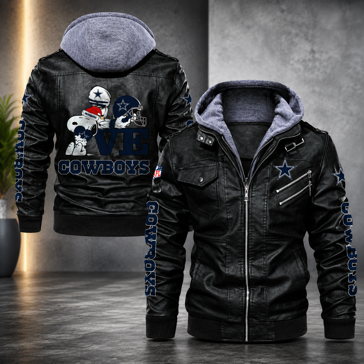 *Dallas Cowboys Hooded Faux Leather Jacket Black Full Zip NFL Football Fan Biker Coat**