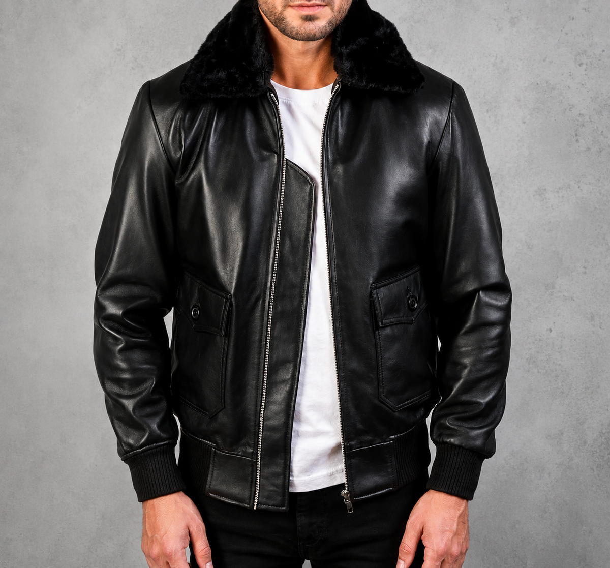 **Title:** Men’s Black Leather Jacket with Fur Collar – Stylish Winter Bomber Jacket