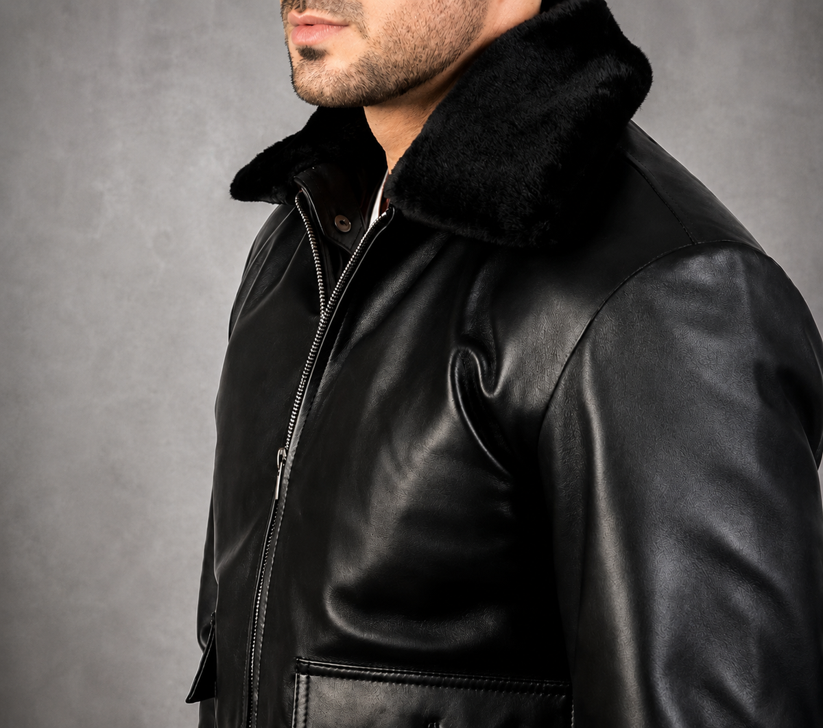 **Men’s Black Leather Jacket with Fur Collar – Stylish Winter Motorcycle Jacket**