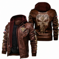 Men's Brown Leather Hooded Jacket – Distressed Biker Bomber Jacket with Fleur-De-Lis Design