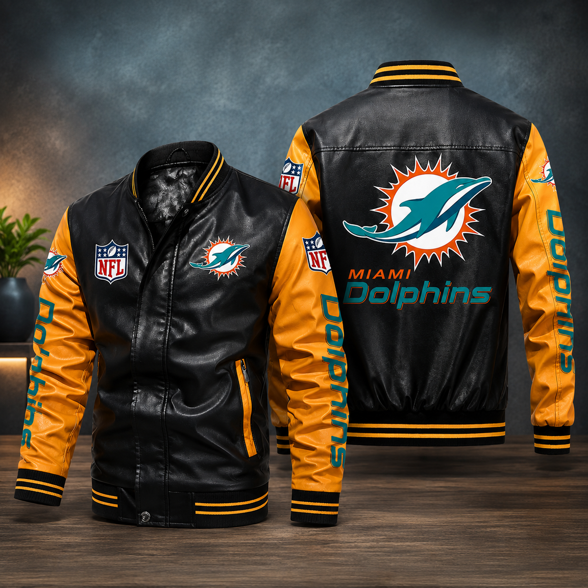**Title:** Men's Black and Gold Miami Dolphins Leather Varsity Bomber Jacket