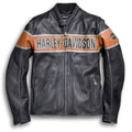 Harley-Davidson Men's Racing Stripe Genuine Black Leather Jacket with Orange Accents and Logo
