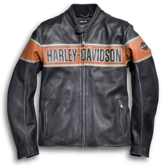 Harley-Davidson Men's Racing Stripe Genuine Black Leather Jacket with Orange Accents and Logo