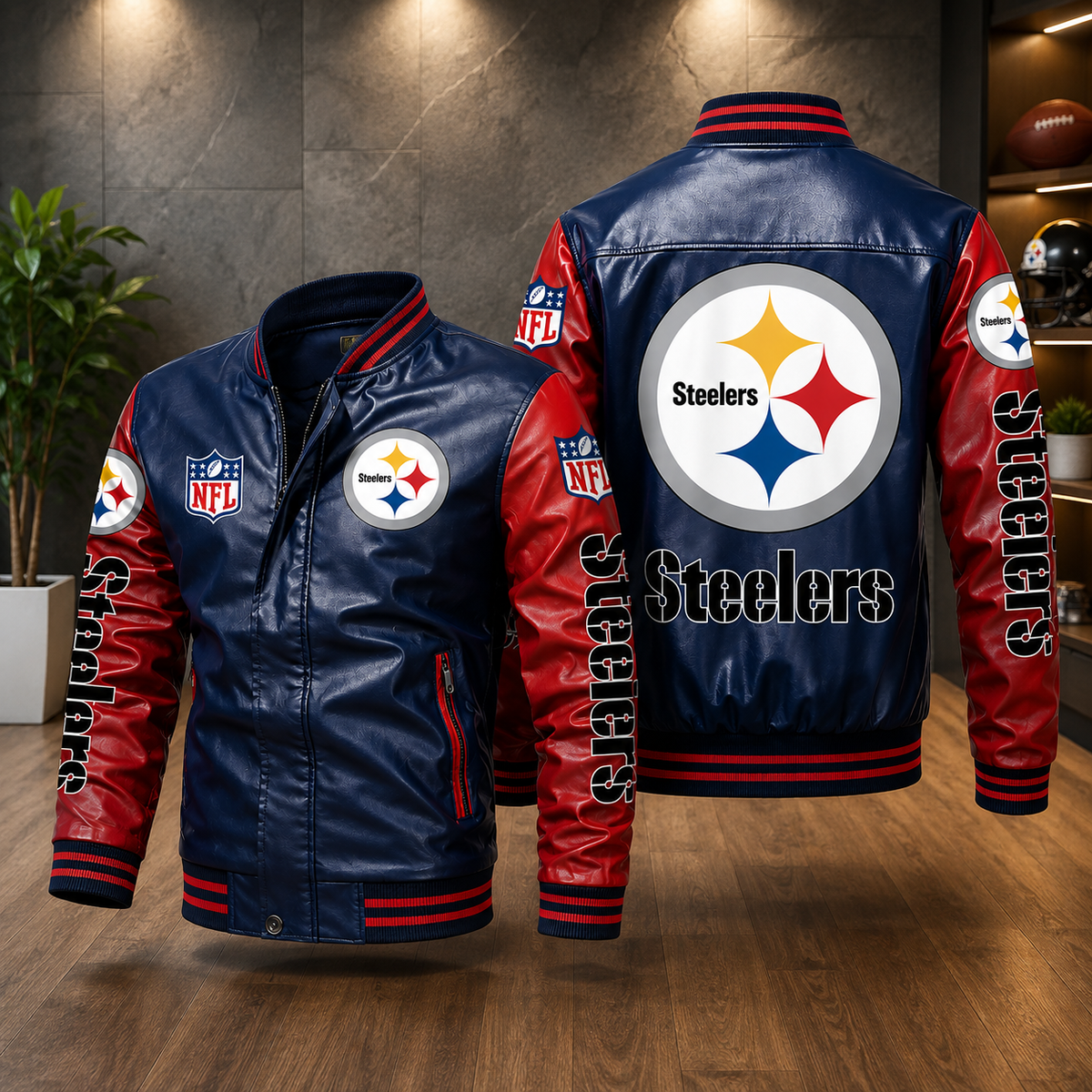 Pittsburgh Steelers Leather Varsity Jacket – Navy & Red NFL Fan Bomber Jacket
