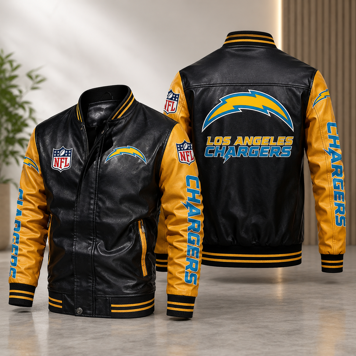 Los Angeles Chargers Black & Yellow Leather Varsity Jacket – NFL Bomber Jacket for Men