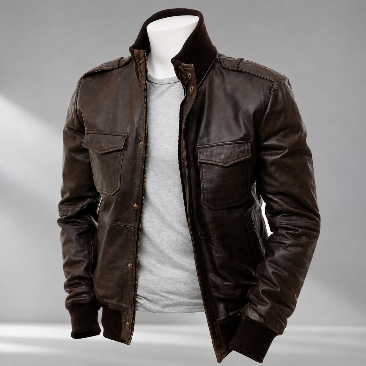 **Title:** Men’s Dark Brown Leather Bomber Jacket with Ribbed Collar and Chest Pockets