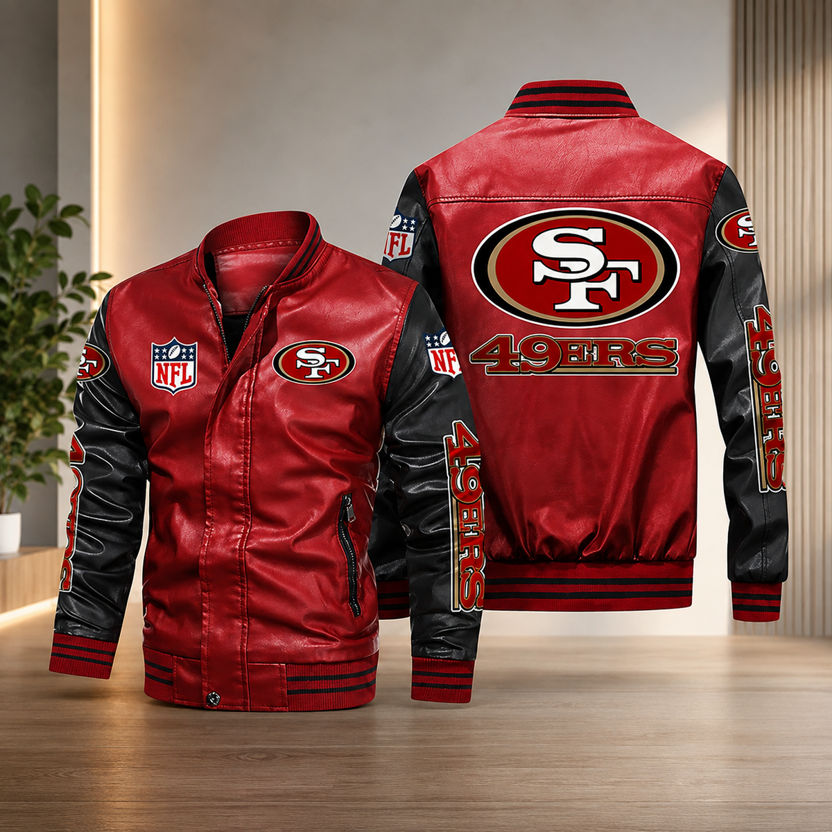 San Francisco 49ers Red & Black Leather Varsity Jacket NFL Team Bomber Jacket