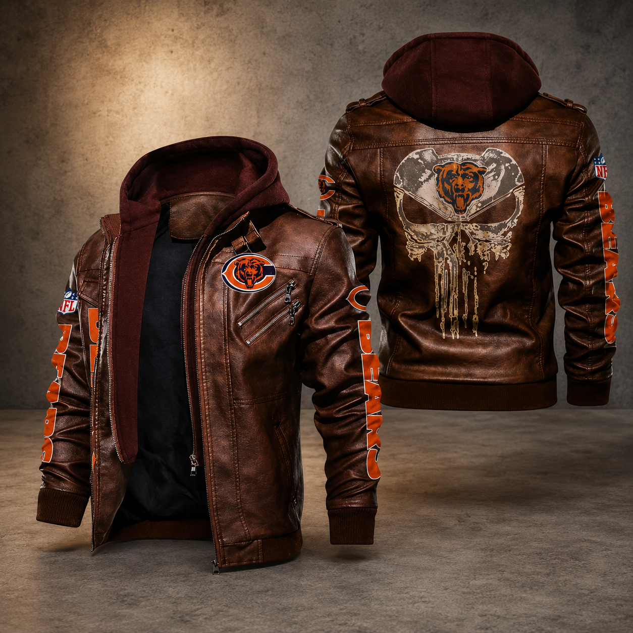 Chicago Bears Leather Hooded Jacket Men’s Brown Motorcycle Style NFL Team Jacket**