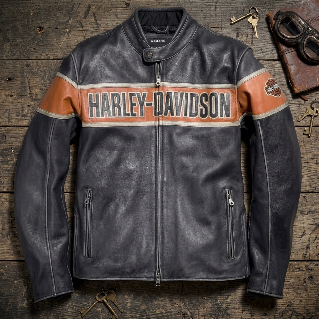 Harley-Davidson Men's Racing Stripe Genuine Black Leather Jacket with Orange Accents and Logo
