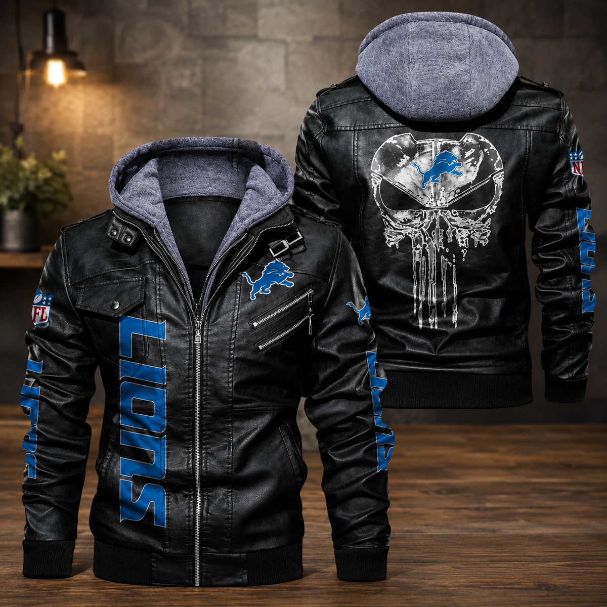 **Title:** Men's Black Leather Hooded Detroit Lions Motorcycle Jacket with Graphic Design