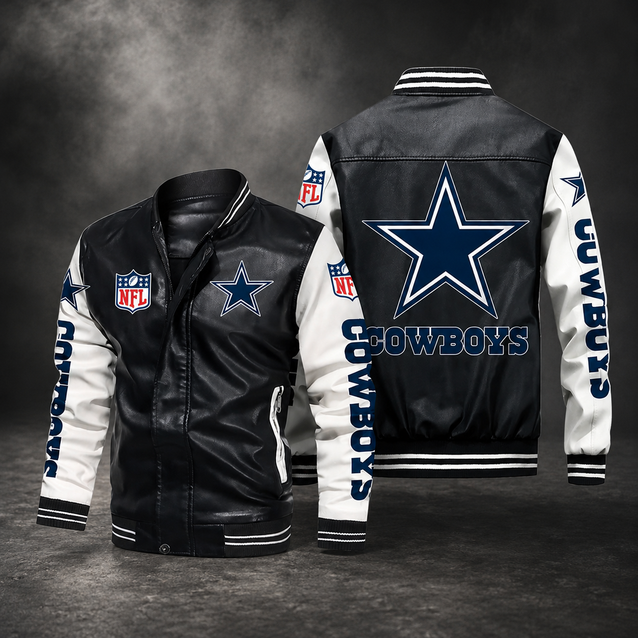 Dallas Cowboys Black & White Varsity Jacket – Premium Leather Bomber Jacket for Men