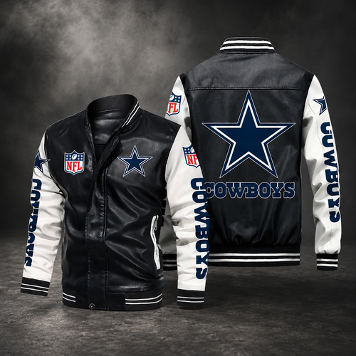 Dallas Cowboys Black & White Varsity Jacket – Premium Leather Bomber Jacket for Men