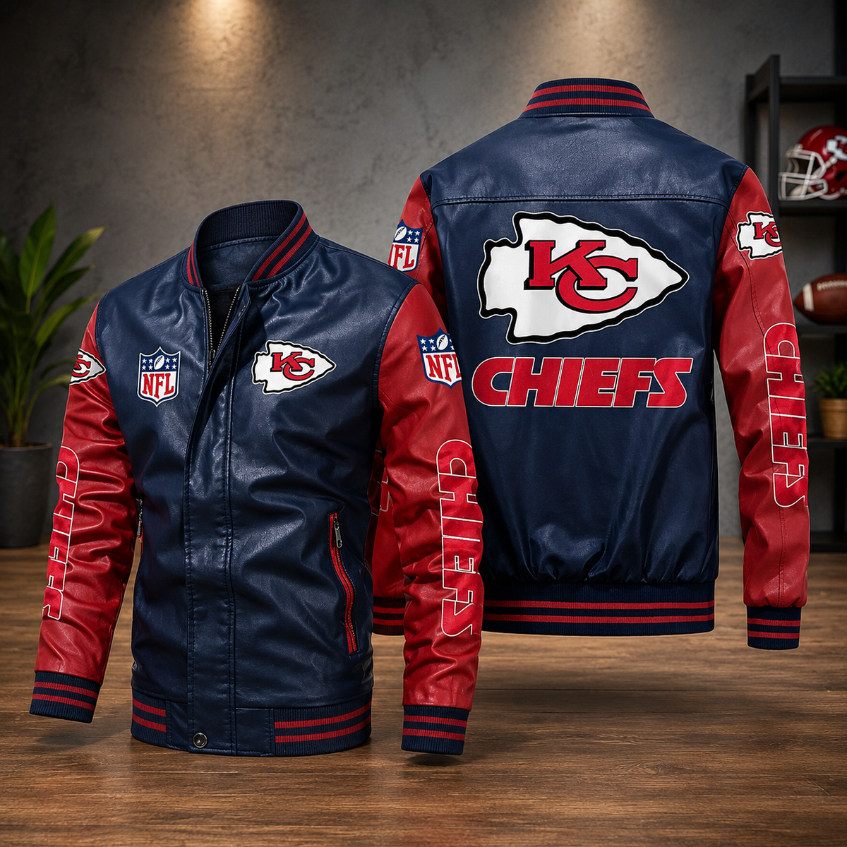 Kansas City Chiefs Leather Varsity Jacket – Navy & Red NFL Fan Bomber Jacket