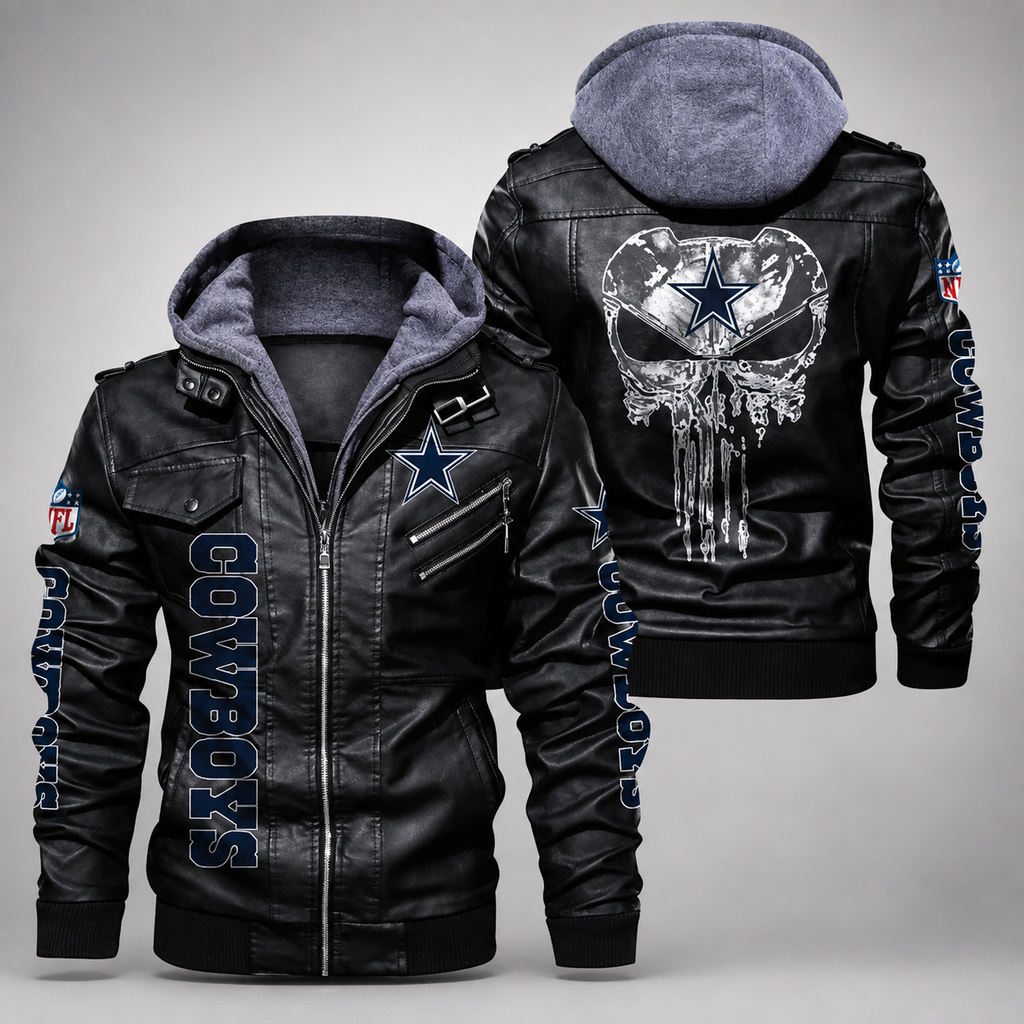 Dallas Cowboys Black Leather Hooded Jacket – Men’s NFL Motorcycle Style Bomber Jacket