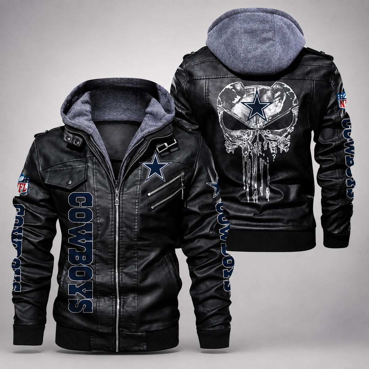 Dallas Cowboys Black Leather Hooded Jacket – Men’s NFL Motorcycle Style Bomber Jacket