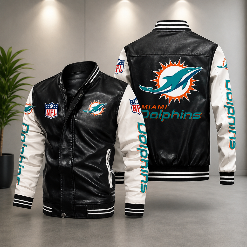 Miami Dolphins Black & White Leather Varsity Jacket Men’s NFL Team Bomber Jacket**