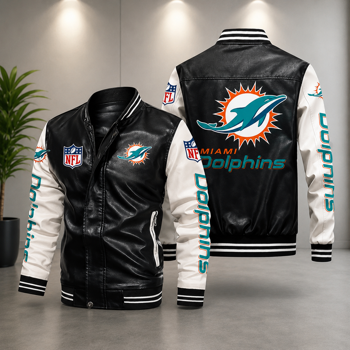 Miami Dolphins Black & White Leather Varsity Jacket Men’s NFL Team Bomber Jacket**