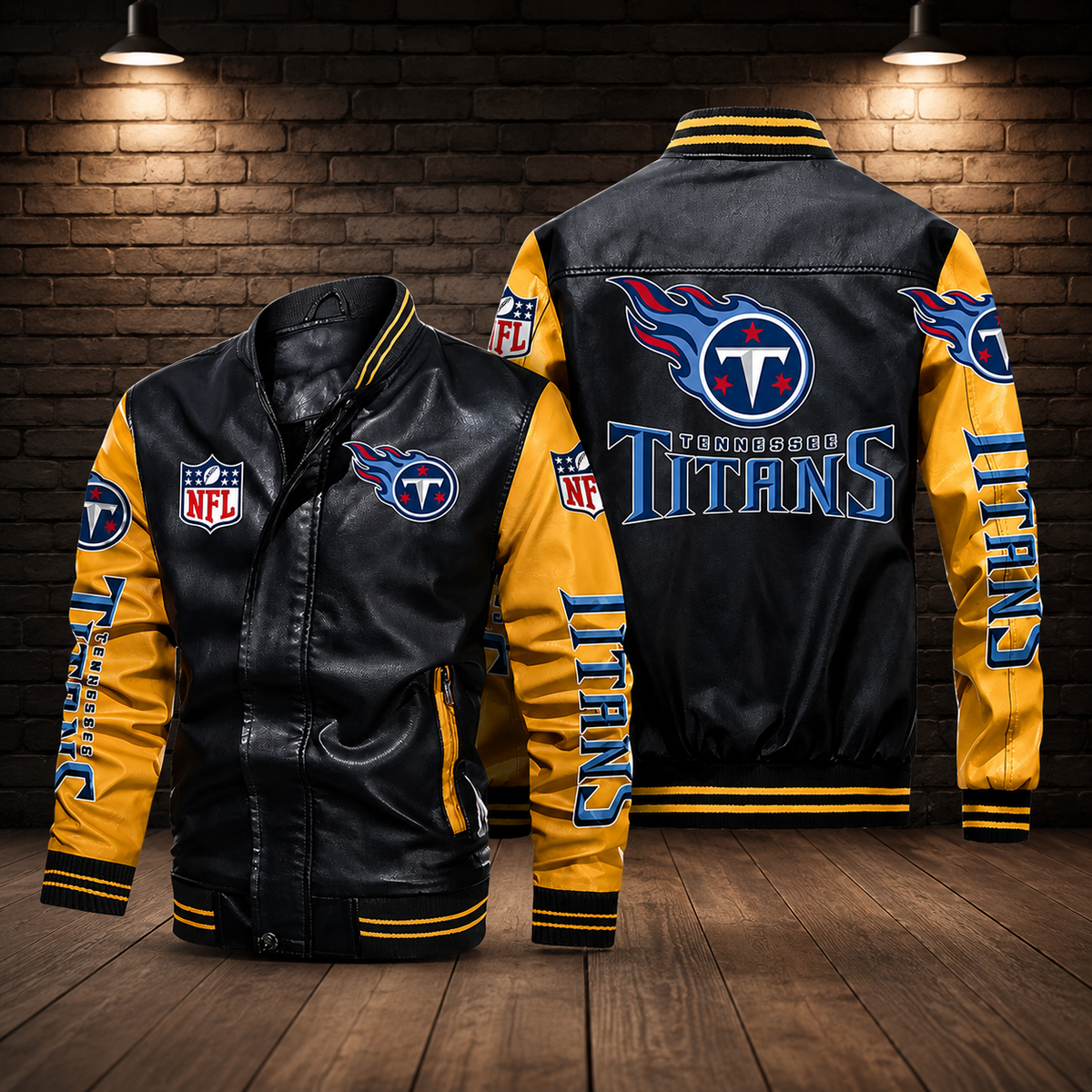 **Men’s Black & Gold Tennessee Titans Leather Varsity Jacket – NFL Style Bomber Jacket**