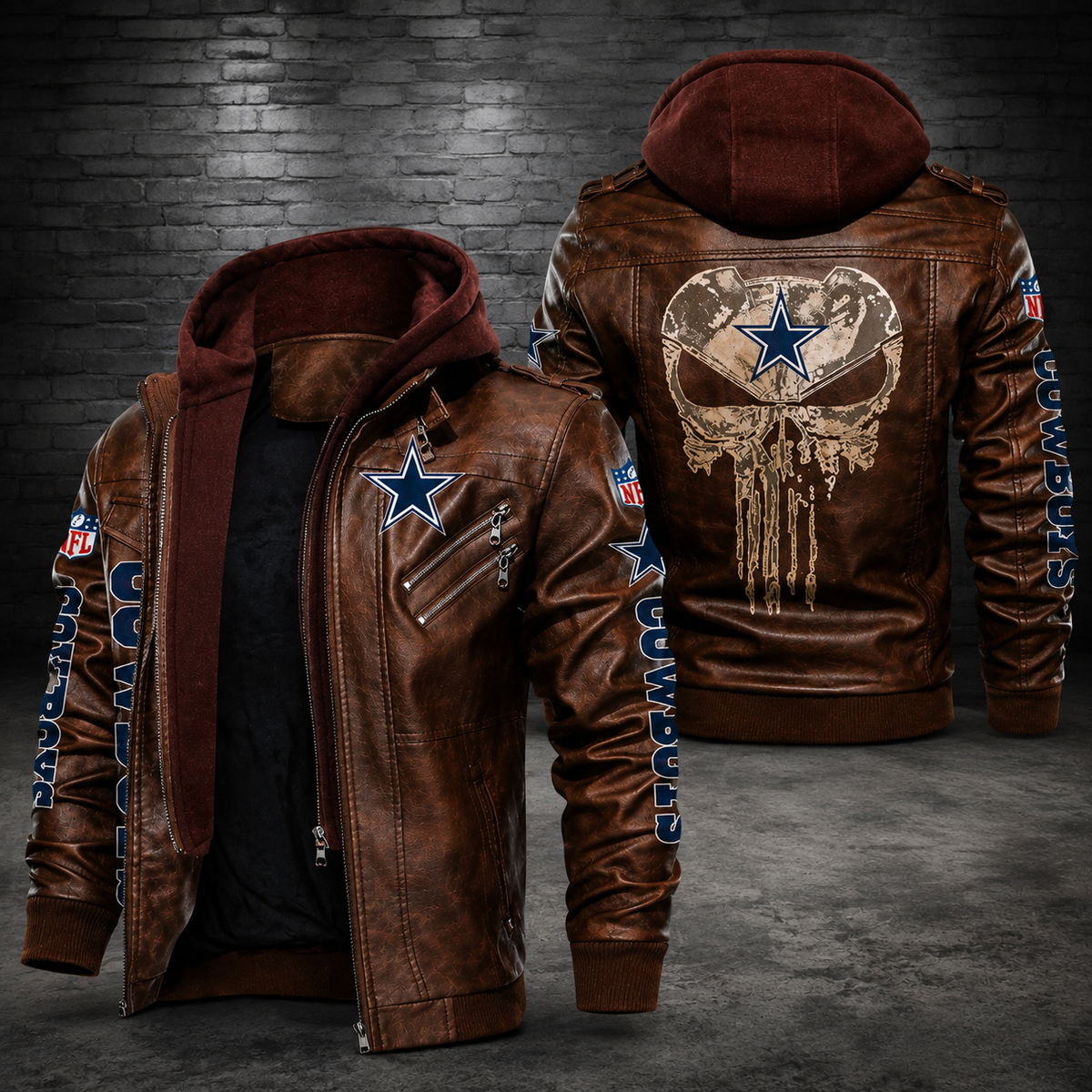 **Title:** Men’s Brown Leather Hooded Biker Jacket – Cowboys Star Skull Motorcycle Jacket