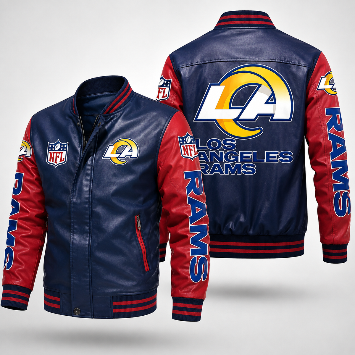 Los Angeles Rams NFL Varsity Leather Jacket – Men’s Blue & Red Team Bomber Jacket