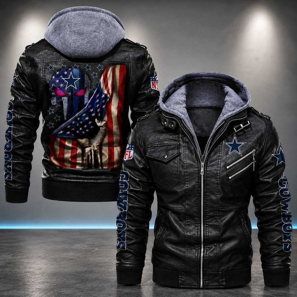 Dallas Cowboys Hooded Faux Leather Jacket Black Full Zip NFL Football Biker Motorcycle Coat**