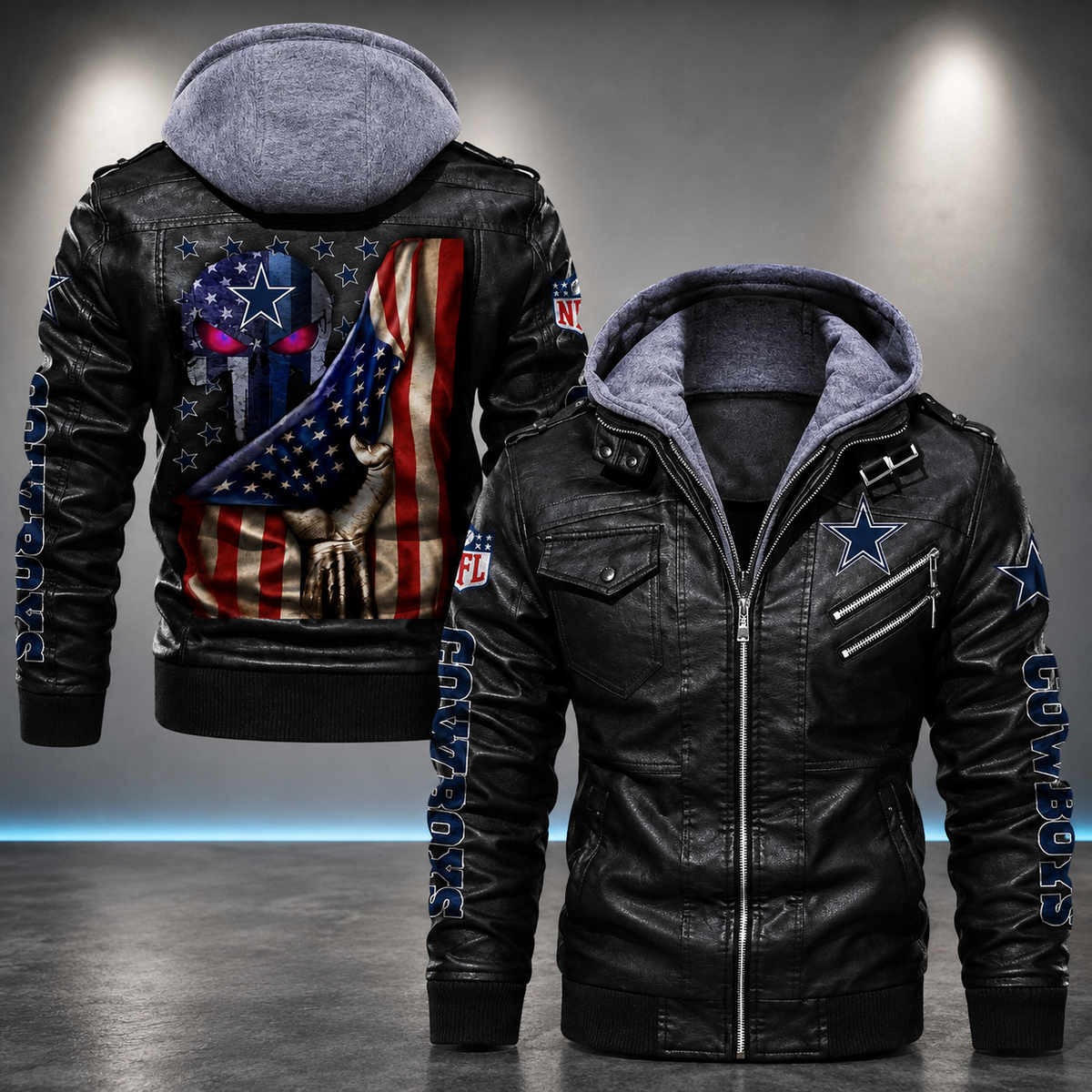 Dallas Cowboys Hooded Faux Leather Jacket Black Full Zip NFL Football Biker Motorcycle Coat**