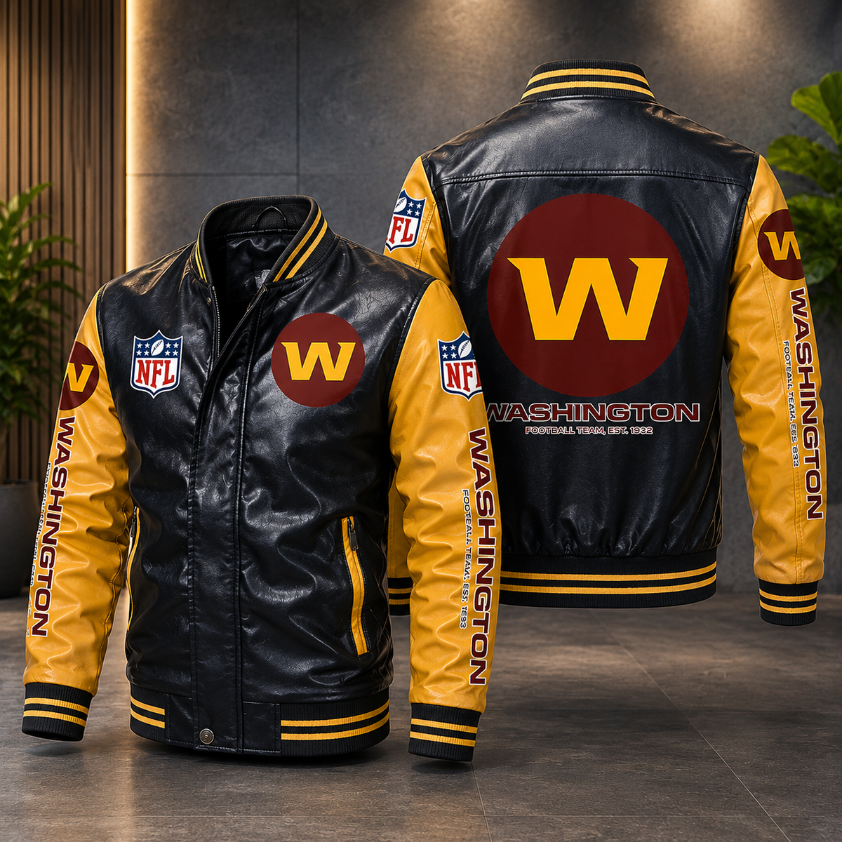 Washington Football Team Leather Varsity Jacket – Black & Gold NFL Fan Bomber Jacket