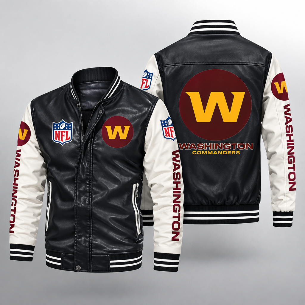 Washington Commanders Black & White Leather Varsity Jacket – Men’s NFL Football Bomber Jacket