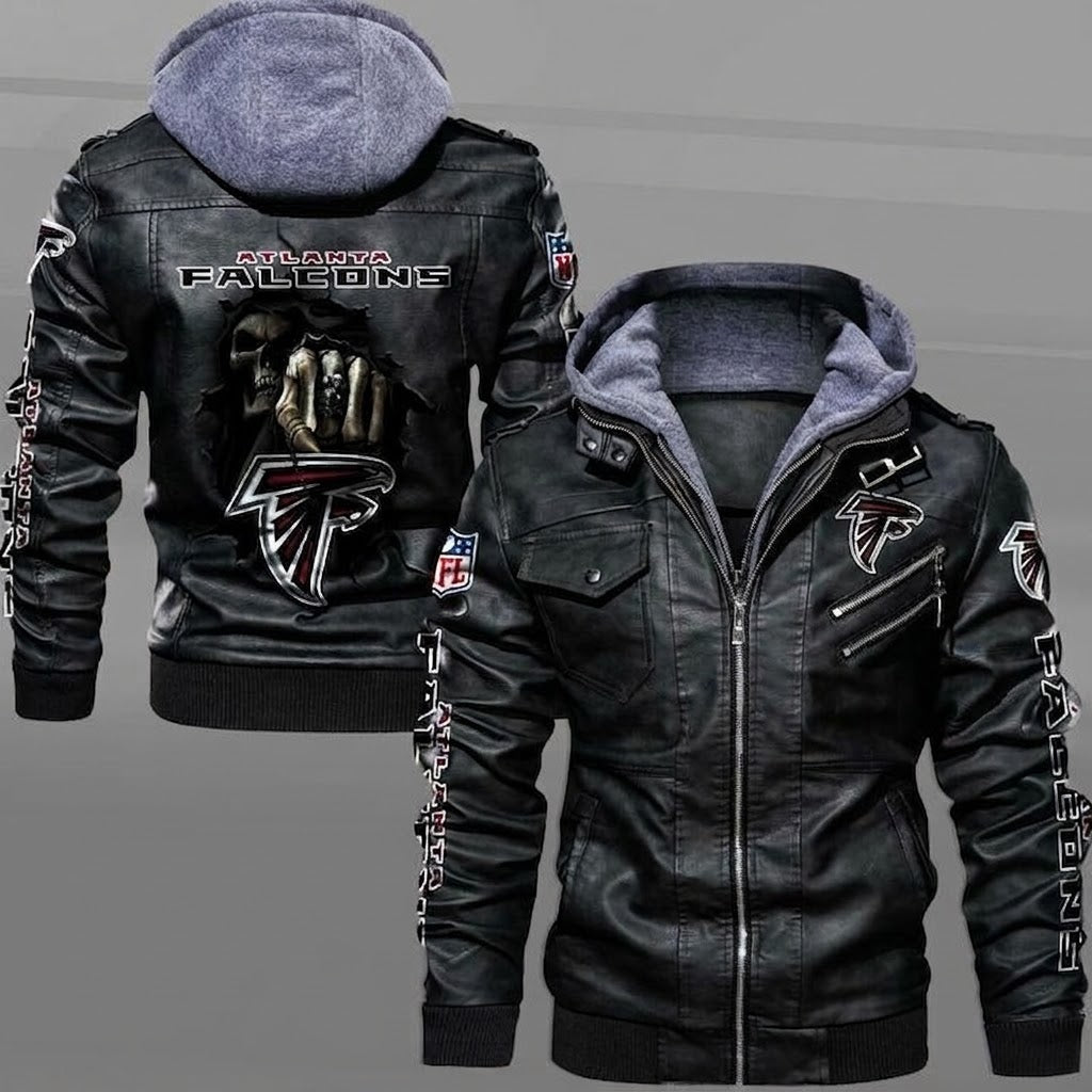 Atlanta Falcons Men's Hooded Faux Leather Jacket - Skull Graphic Biker Style Streetwear