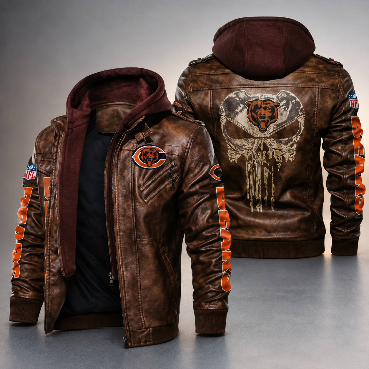 Chicago Bears Leather Hooded Jacket Men’s Brown Motorcycle Style NFL Team Jacket**