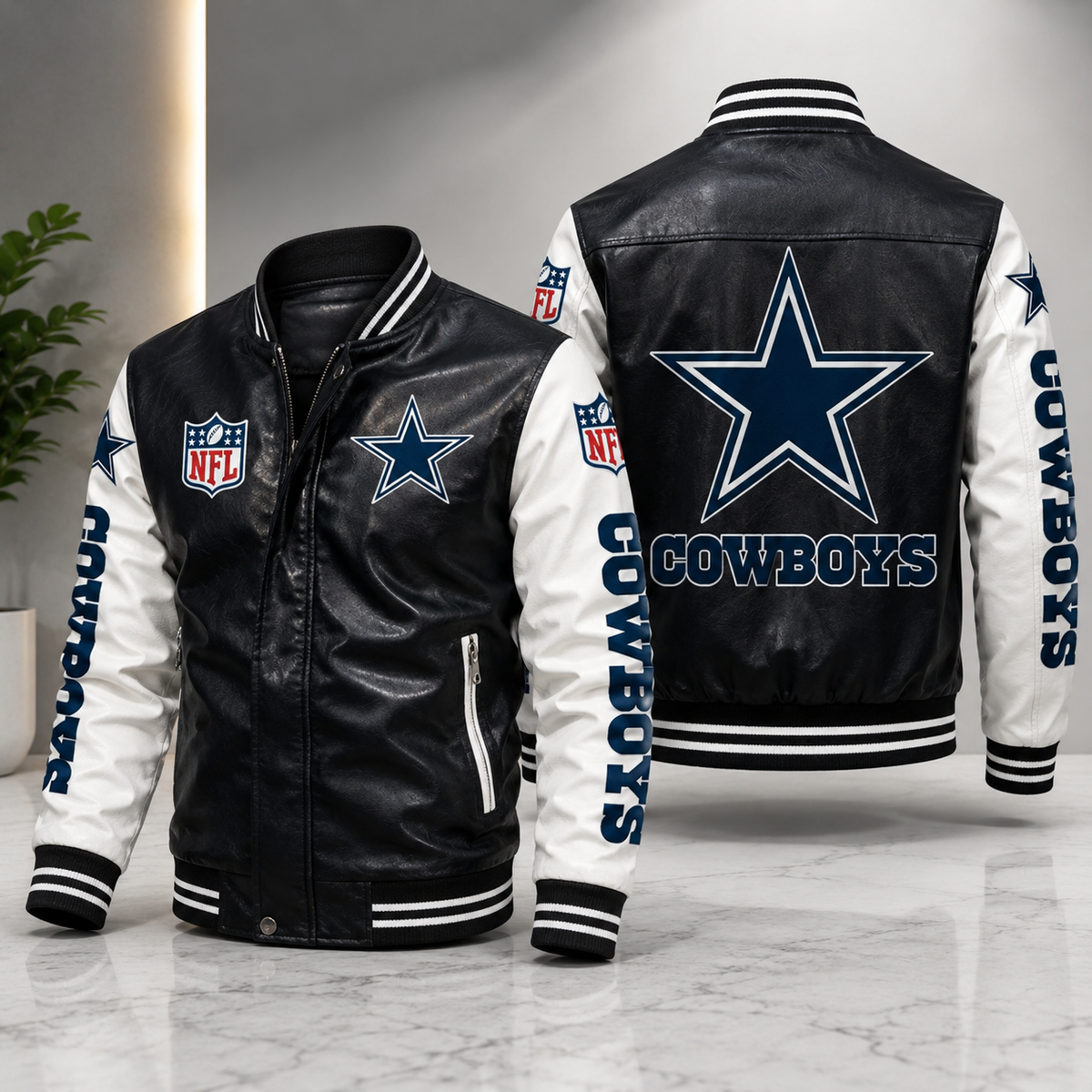 Dallas Cowboys Leather Varsity Jacket – Black & White NFL Fan Bomber Jacket