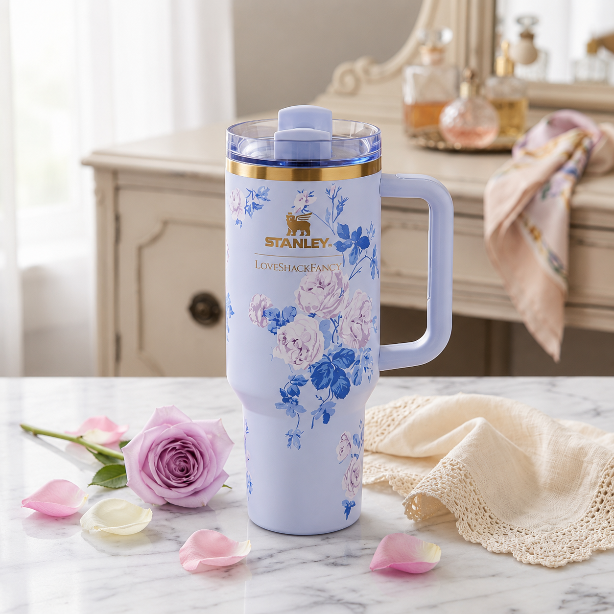 Stanley x LoveShackFancy 40oz Quencher H2.0 FlowState Tumbler – Lavender Floral Insulated Travel Mug with Handle & Straw