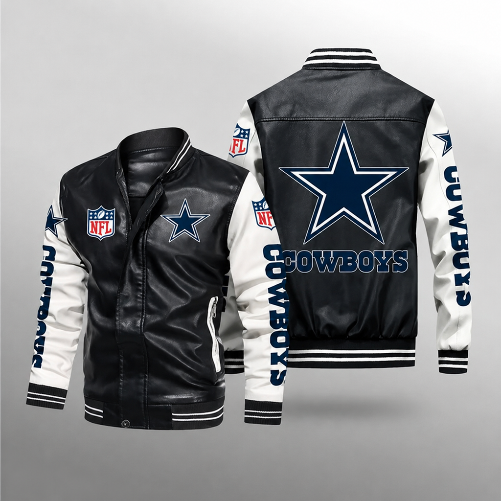 Dallas Cowboys Black & White Varsity Jacket – Premium Leather Bomber Jacket for Men