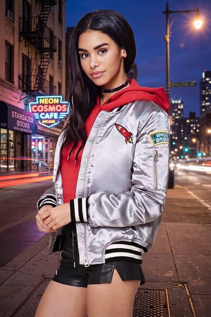 Silver Jacket with Red Hoodie and Black Shorts