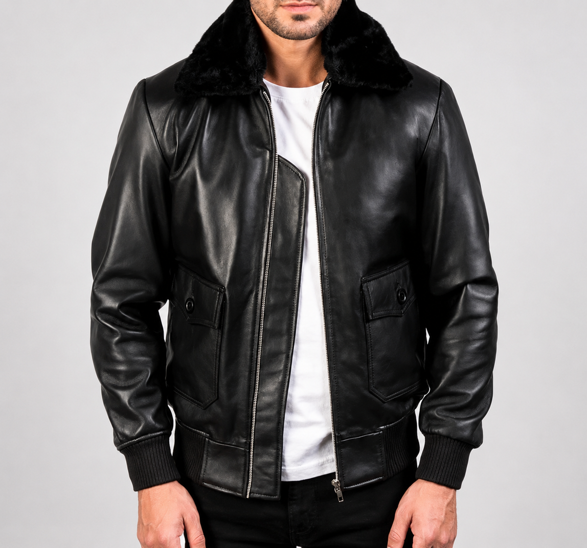**Title:** Men’s Black Leather Jacket with Fur Collar – Stylish Winter Bomber Jacket